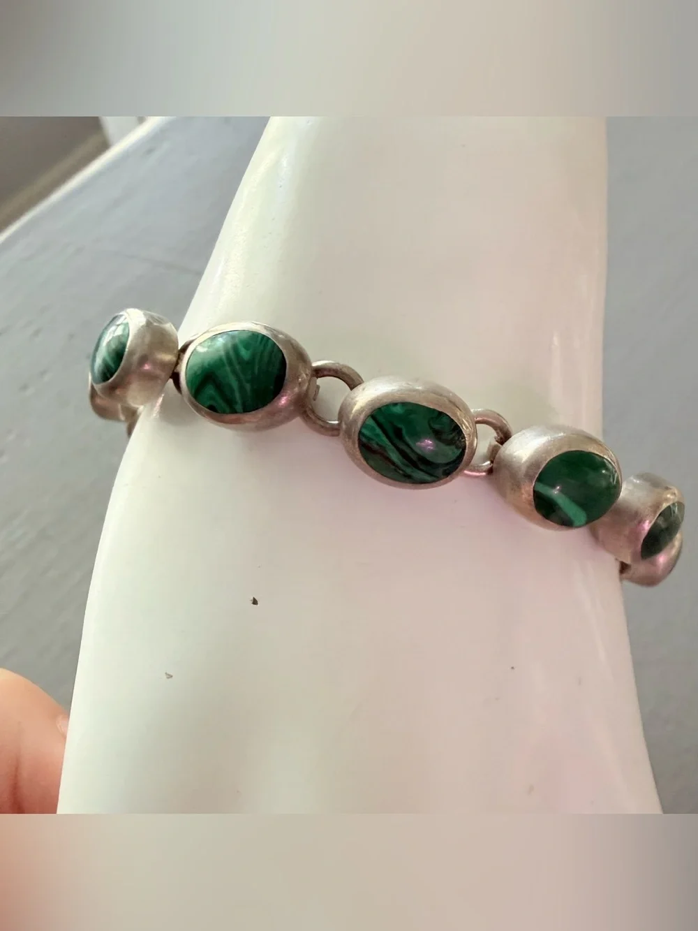 Mexico 925 Sterling Silver Green Malachite Silver Link Bracelet